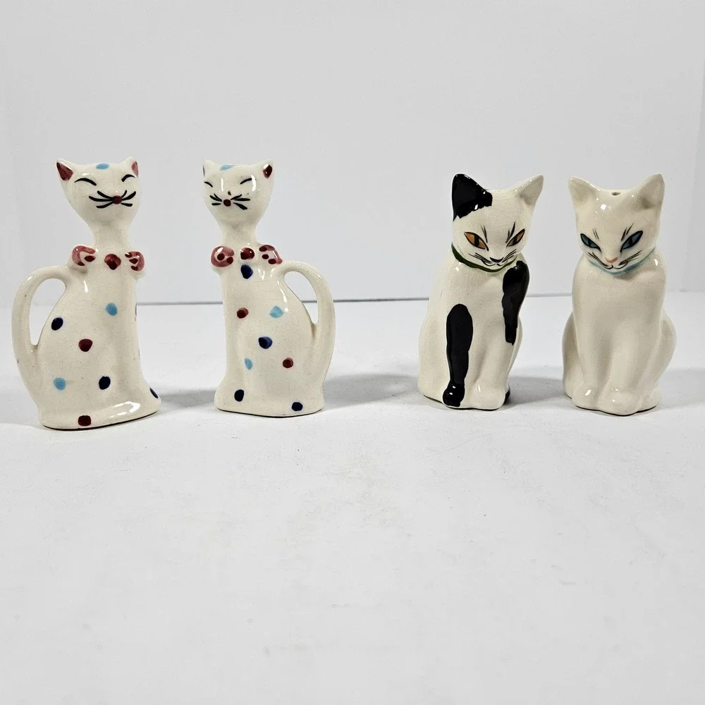 Vintage Ceramic Cat Salt and Pepper Shakers 2 Sets Polka Dot and Calico Feline